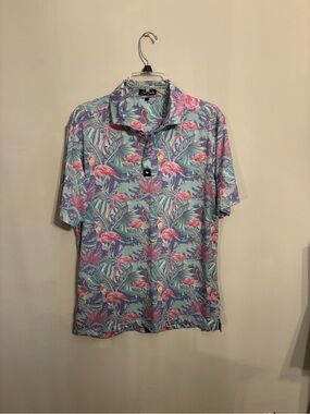 Bad Birdie Flamingo Print Polo - Pink & Aqua
